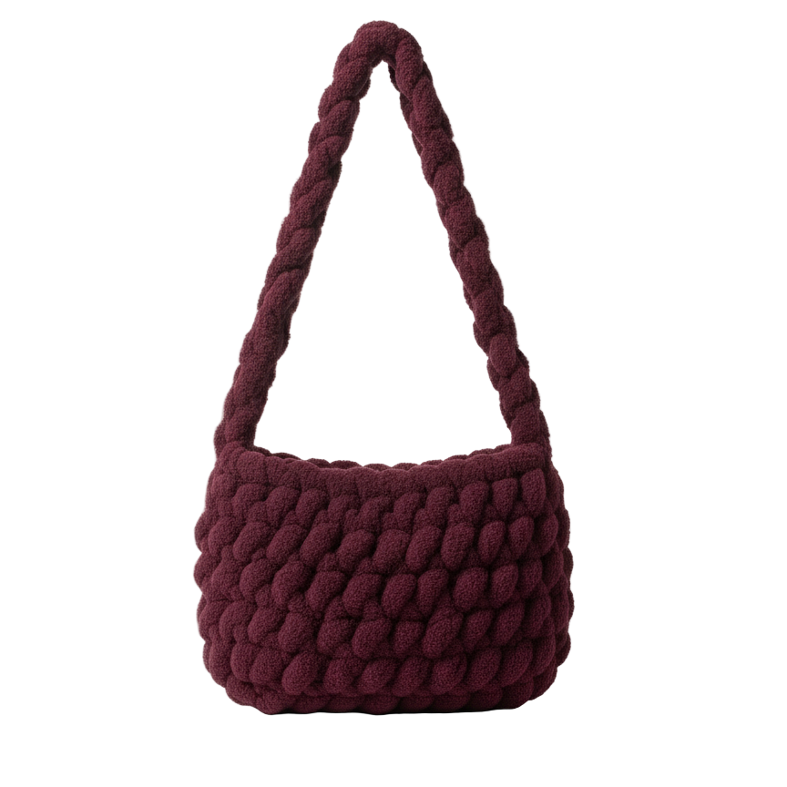 Maroon braided handbag on a white background